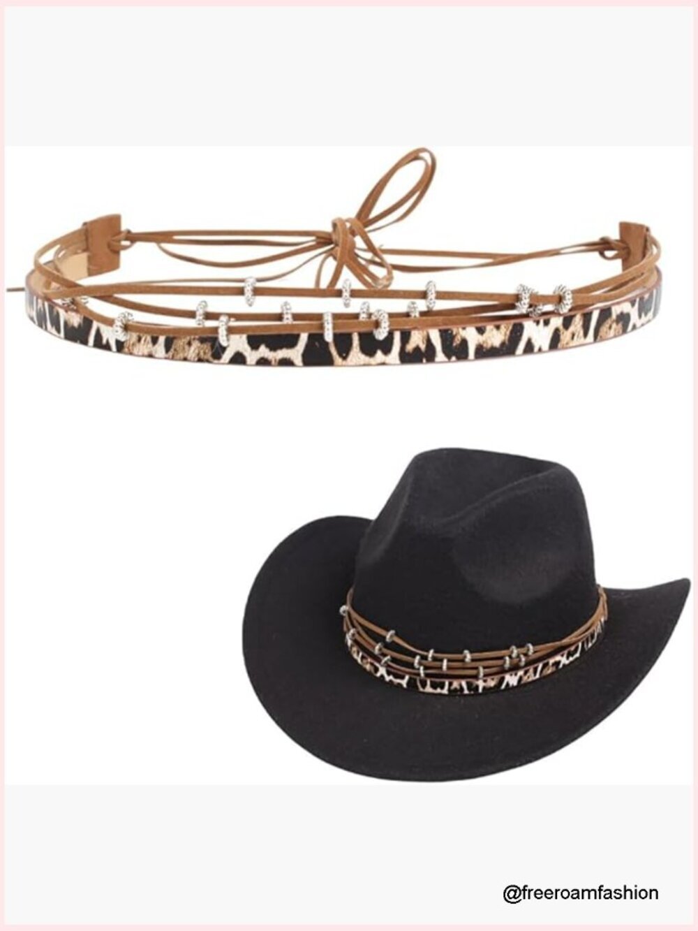 Faux Leather Cowboy Hat Band with Leopard Print Beads 50-inch Adjustable